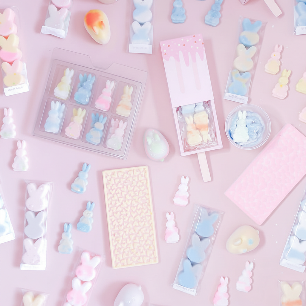 A styled flat-lay of pastel bunny-shaped wax melts or soaps arranged on a pink background, including packs, loose pieces, and a pink popsicle-style container.